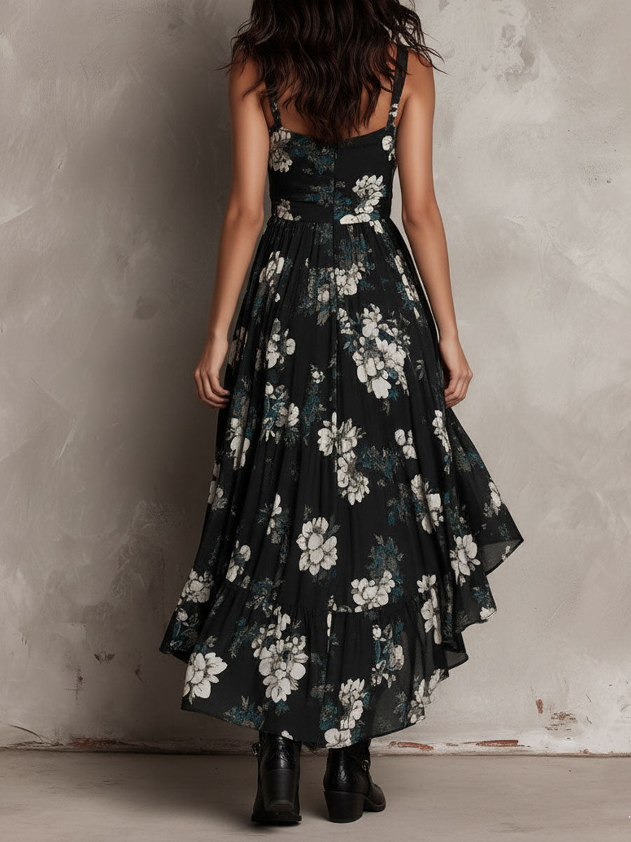 Vestido maxi palabra de honor con estampado floral negro