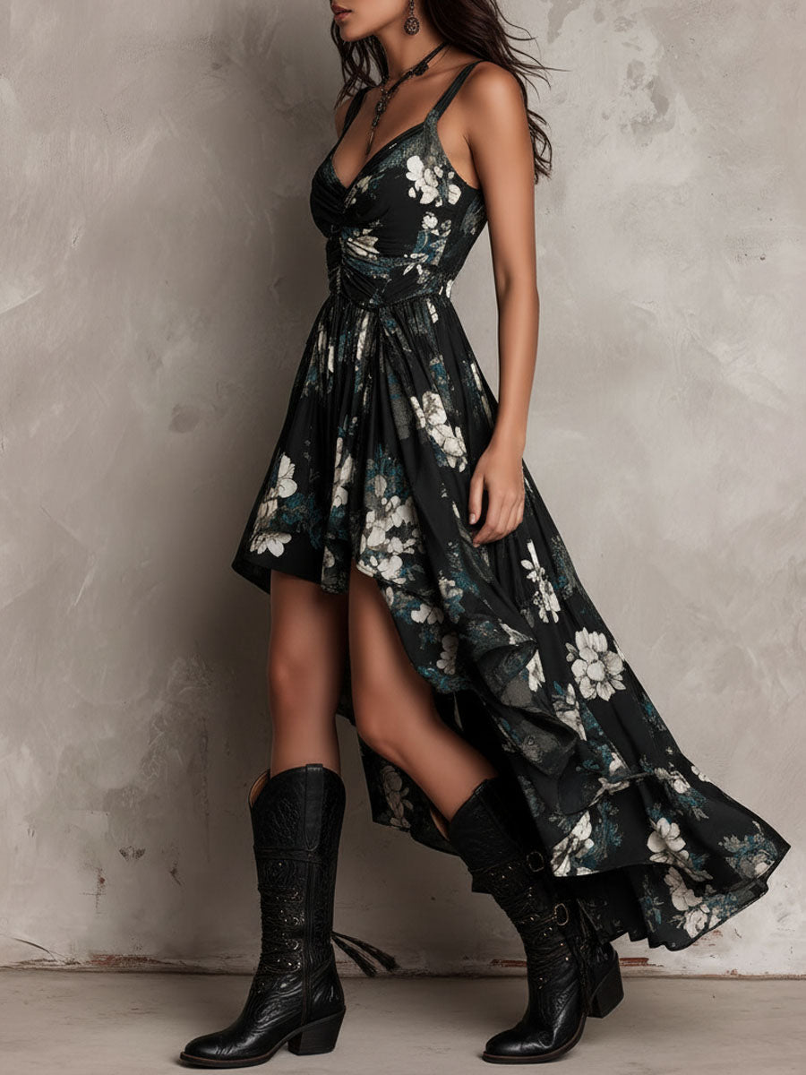 Vestido maxi palabra de honor con estampado floral negro