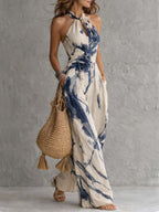 Mono con escote halter y estampado de tinta