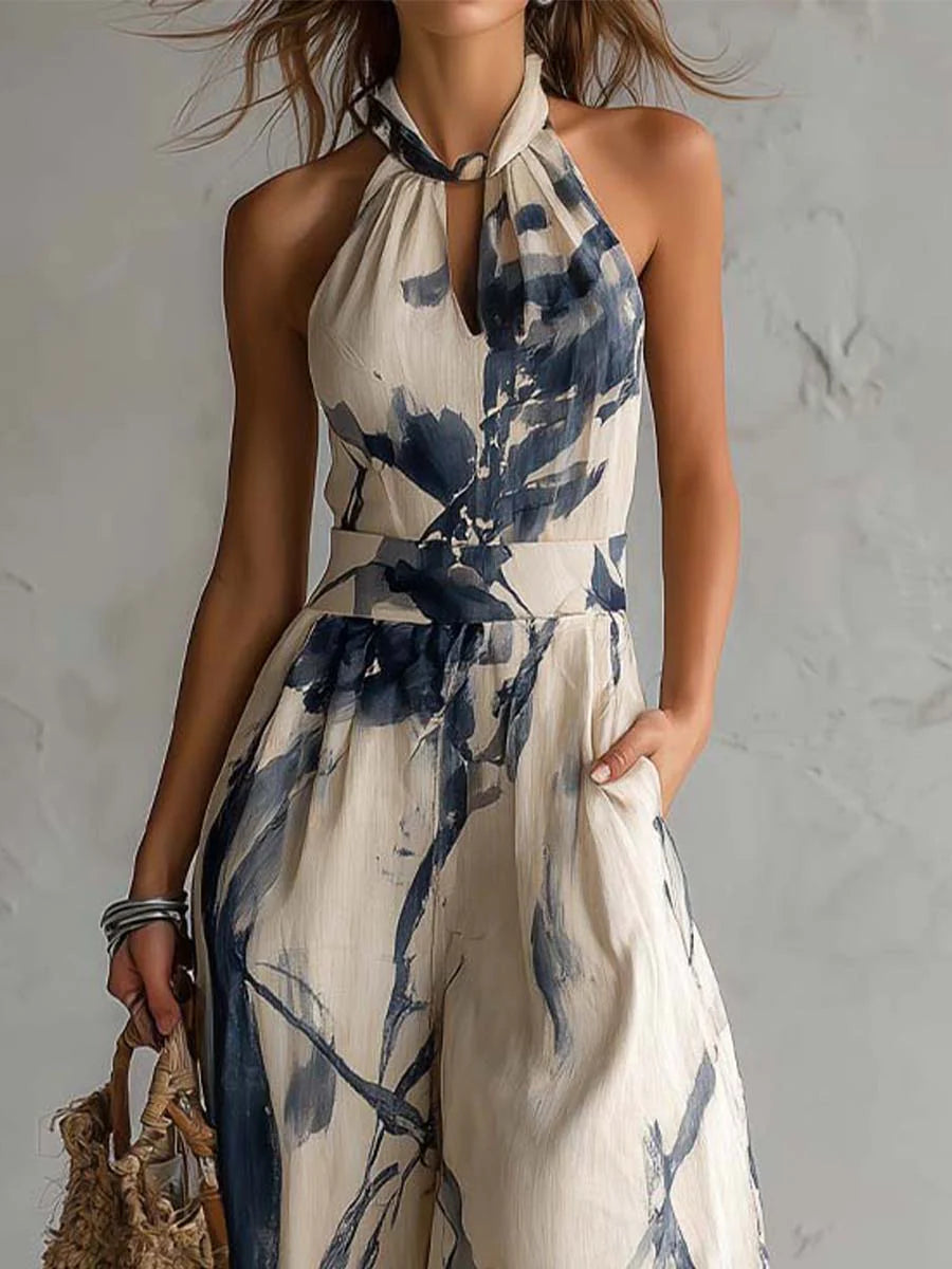 Mono con escote halter y estampado de tinta