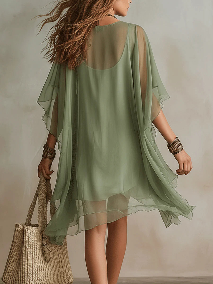 Vestido mini vaporoso verde de gasa con escote en V