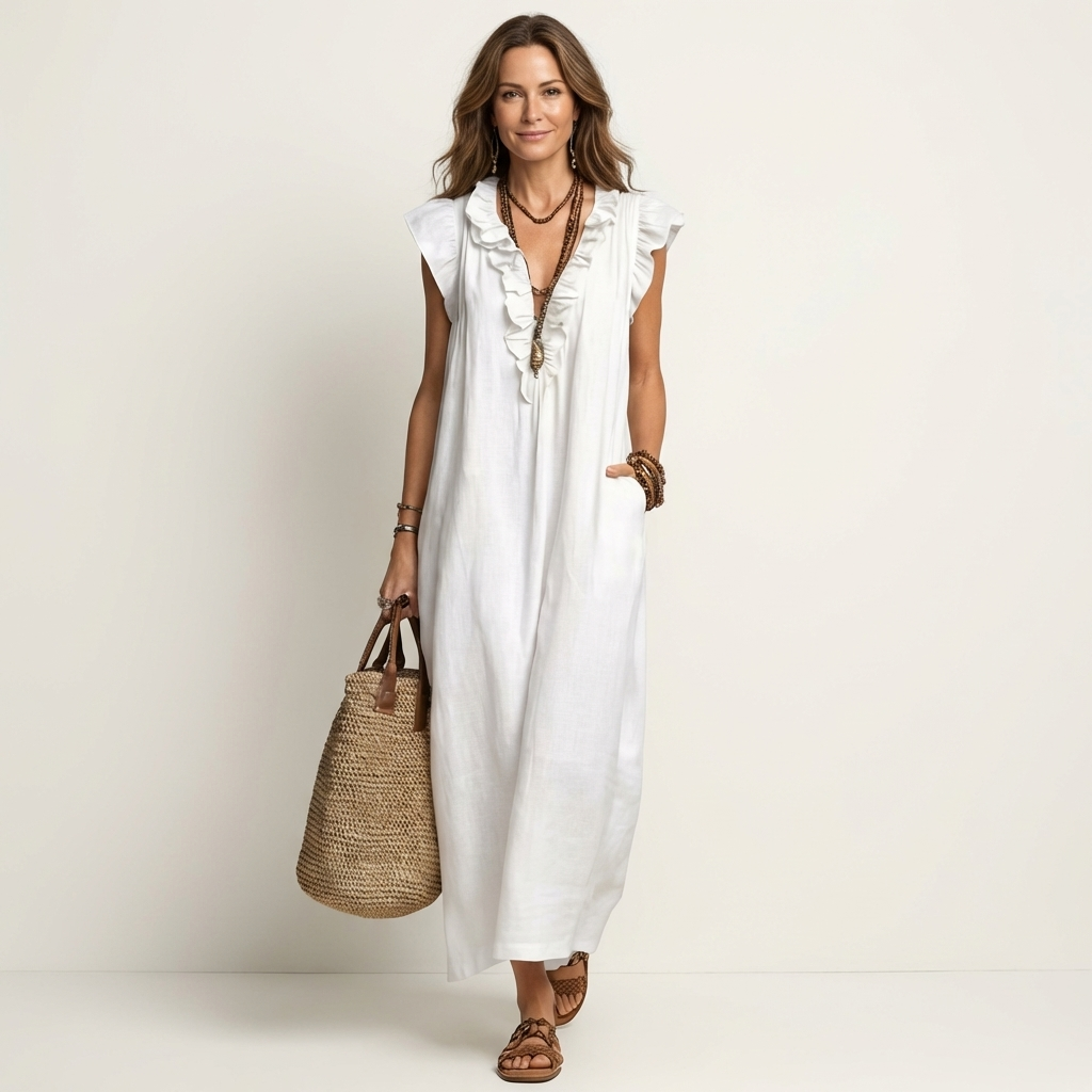 Monica | Vestido maxi de mezcla de lino con volantes y escote en V