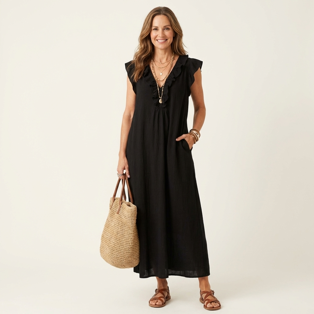 Monica | Vestido maxi de mezcla de lino con volantes y escote en V