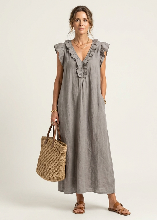 Monica | Vestido maxi de mezcla de lino con volantes y escote en V