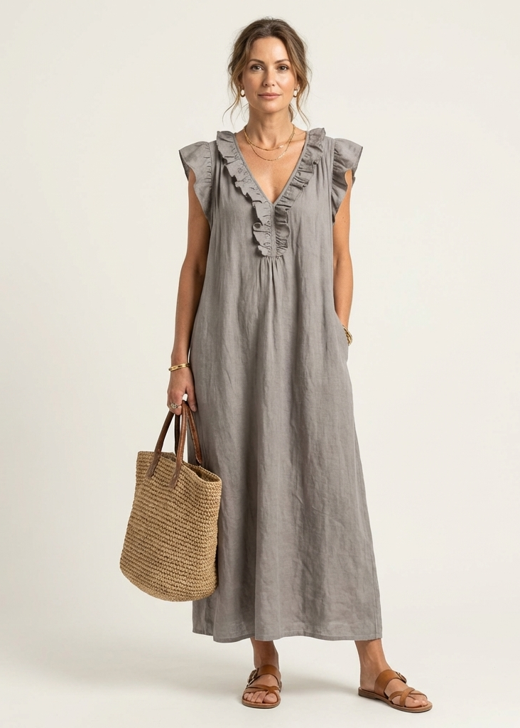 Monica | Vestido maxi de mezcla de lino con volantes y escote en V
