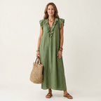 Monica | Vestido maxi de mezcla de lino con volantes y escote en V