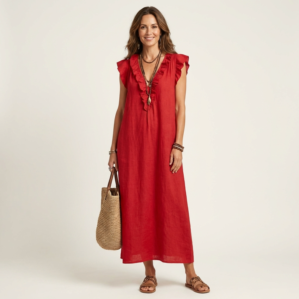 Monica | Vestido maxi de mezcla de lino con volantes y escote en V