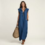 Monica | Vestido maxi de mezcla de lino con volantes y escote en V