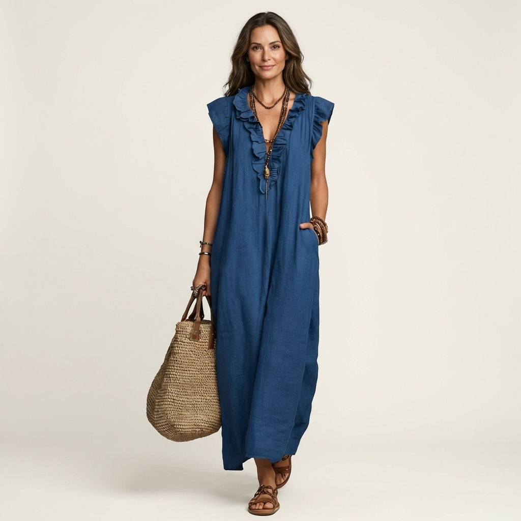 Monica | Vestido maxi de mezcla de lino con volantes y escote en V