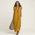 Monica | Vestido maxi de mezcla de lino con volantes y escote en V