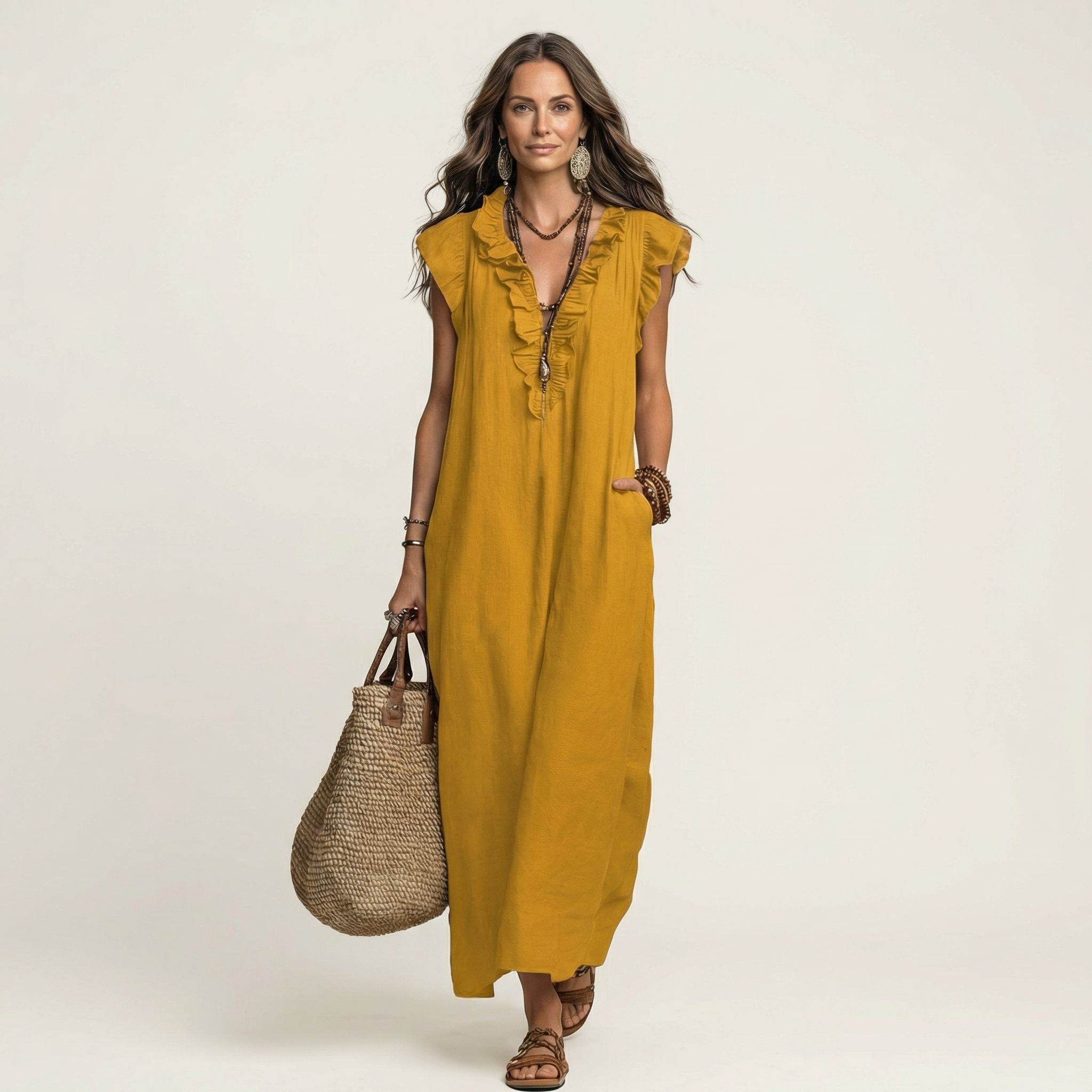 Monica | Vestido maxi de mezcla de lino con volantes y escote en V