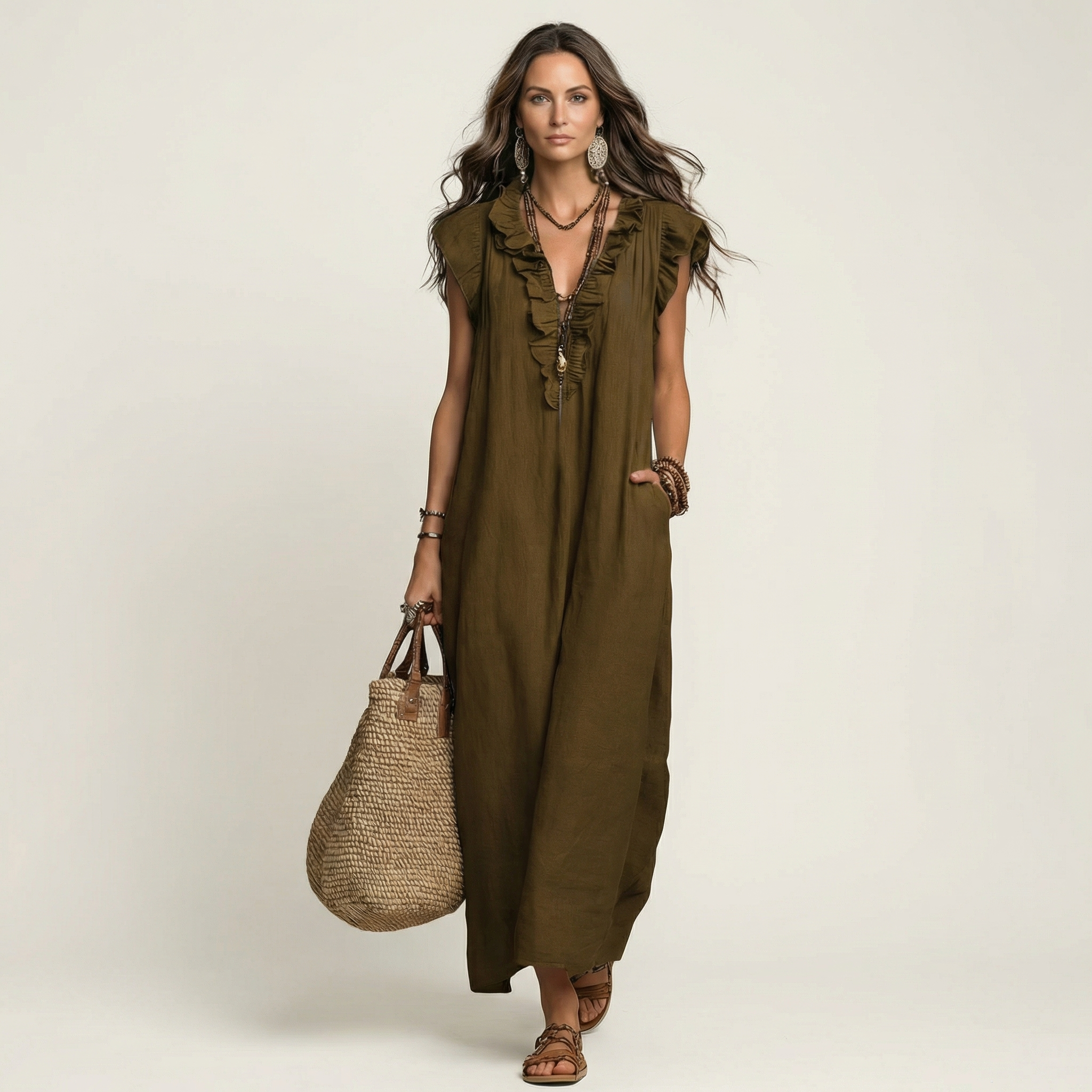 Monica | Vestido maxi de mezcla de lino con volantes y escote en V