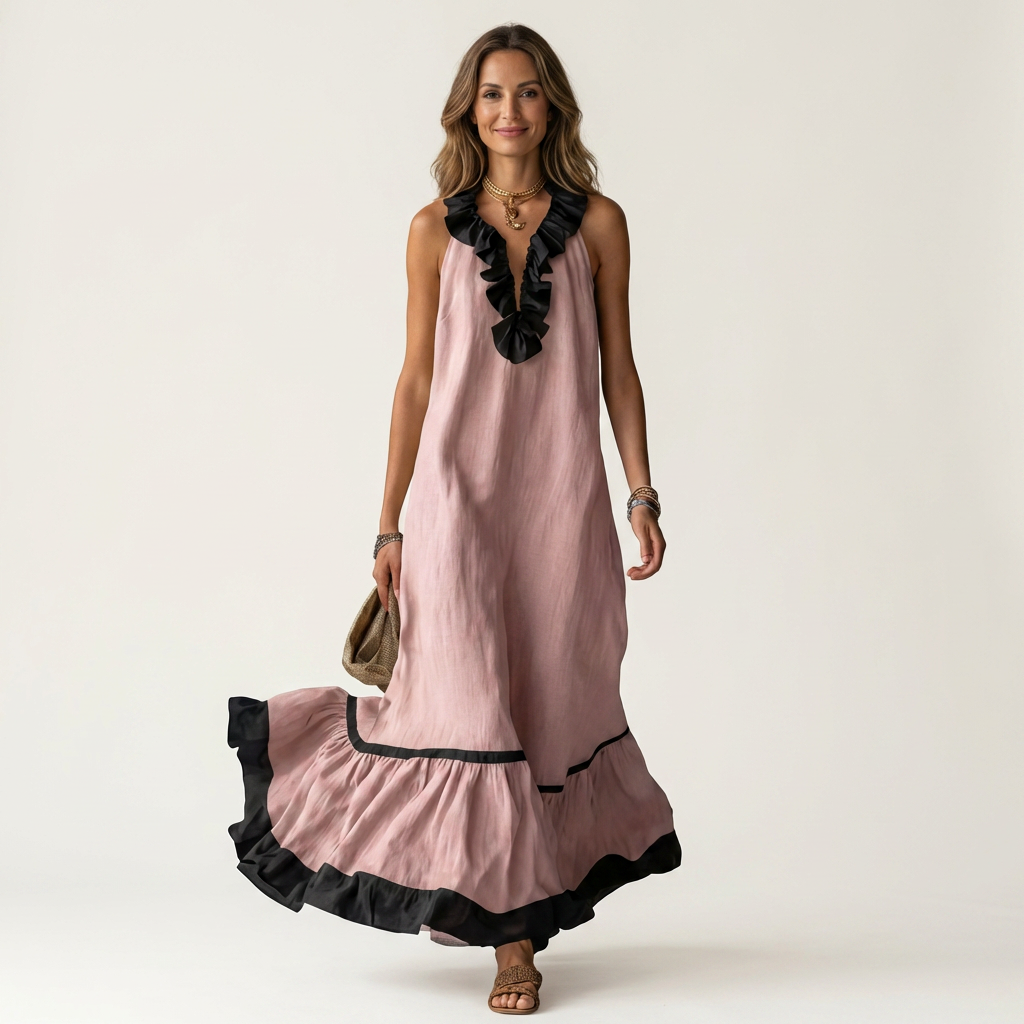 Miranda | Vestido maxi sin mangas con volantes en contraste
