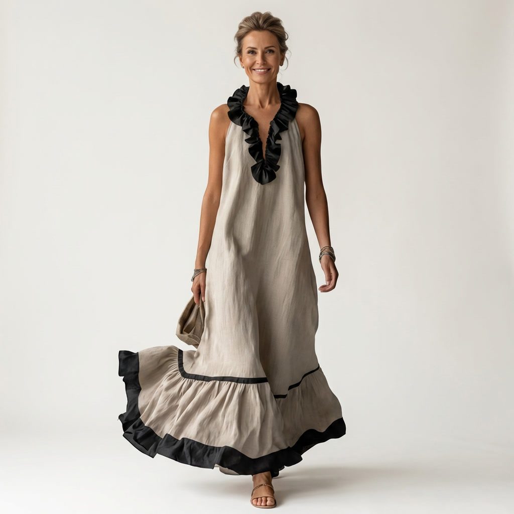 Miranda | Vestido maxi sin mangas con volantes en contraste