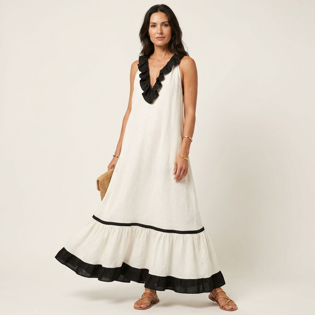 Miranda | Vestido maxi sin mangas con volantes en contraste
