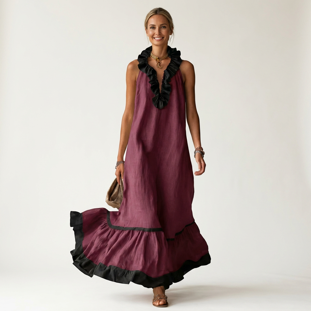 Miranda | Vestido maxi sin mangas con volantes en contraste