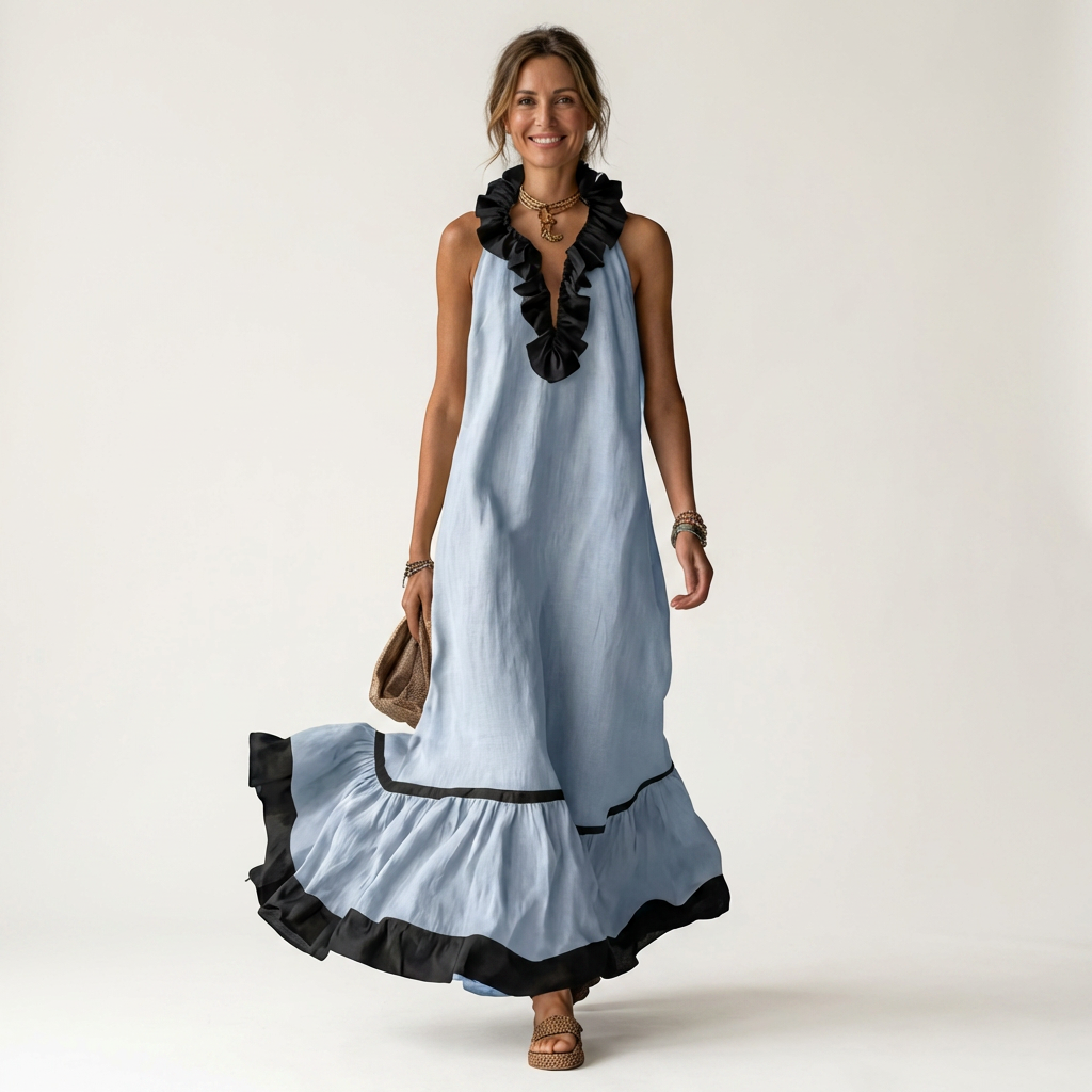 Miranda | Vestido maxi sin mangas con volantes en contraste