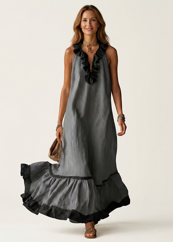 Miranda | Vestido maxi sin mangas con volantes en contraste