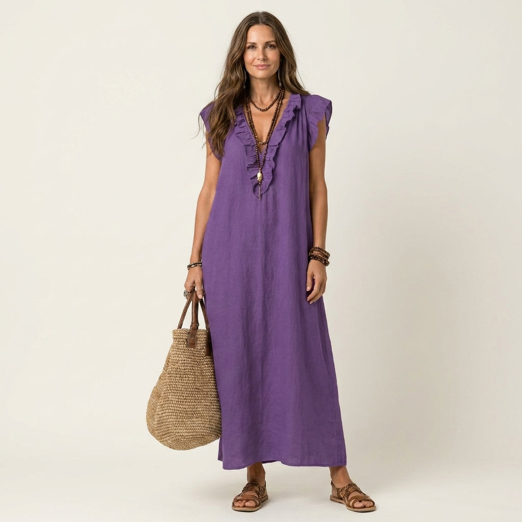 Monica | Vestido maxi de mezcla de lino con volantes y escote en V